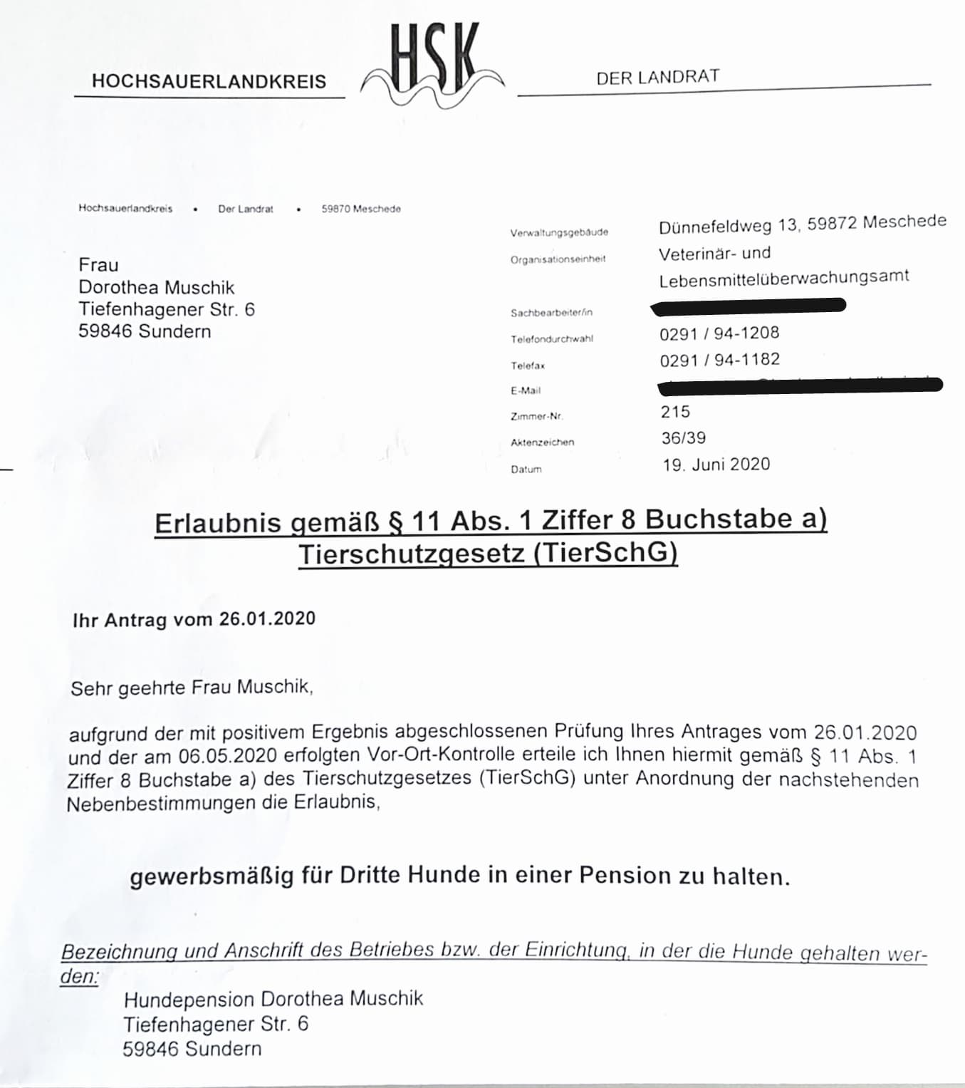 Erlaubnis für die Hundepension, geprüft durch das Veterinäramt